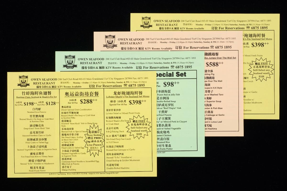 Flyers from Owen Seafood Restaurant, Pantai Seafood Village and Hwa Keat Eating House