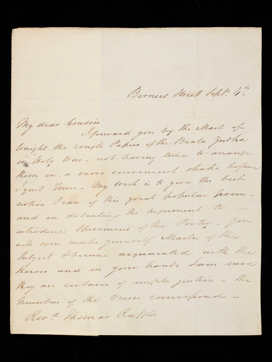 Letter from Thomas Stamford Raffles to the Revd Thomas Raffles