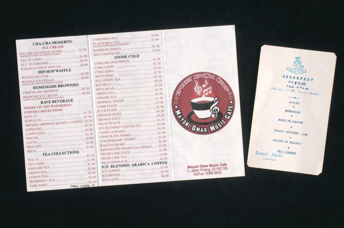 Menus from Strand Hotel Rangoon and Mayuni Omar Music Cafe