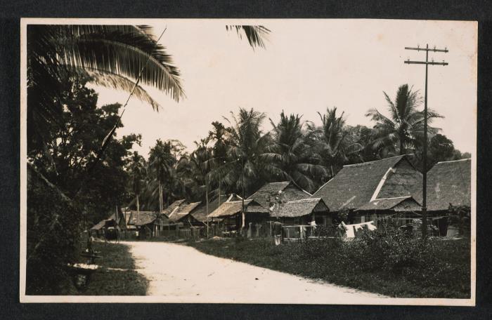 <strong>A row of Malay kampung houses</strong><br>
XXXX-00516 <br>
Early – mid 20th century<br>
Collection of National Museum of Singapore, National Heritage Board