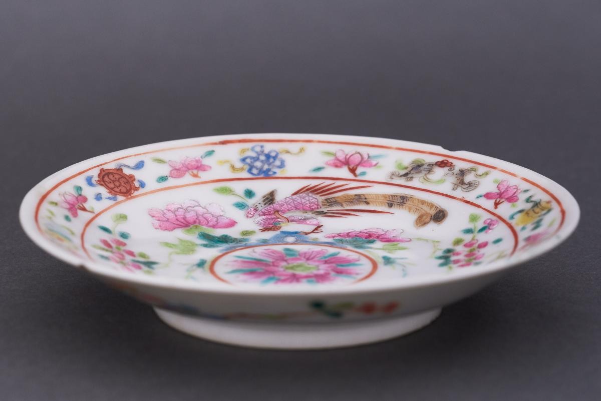 White ground dish with enameled pheasants