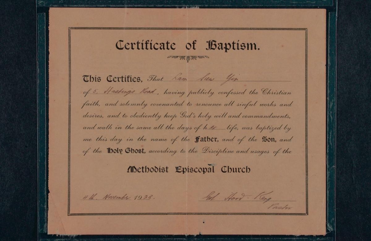 Certificate of Baptism from Methodist Episcopal Church