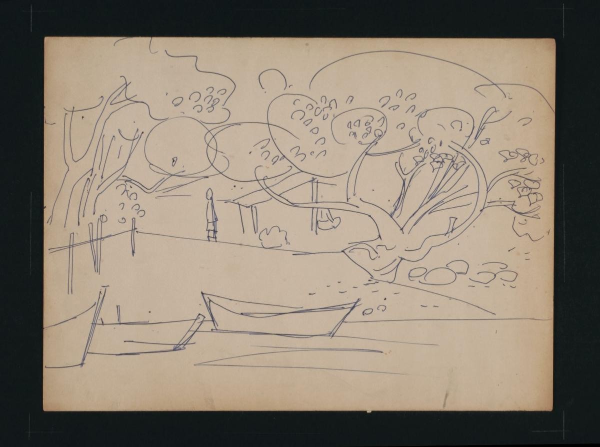 Untitled (One Person under Trees, Three Boats along Shore)