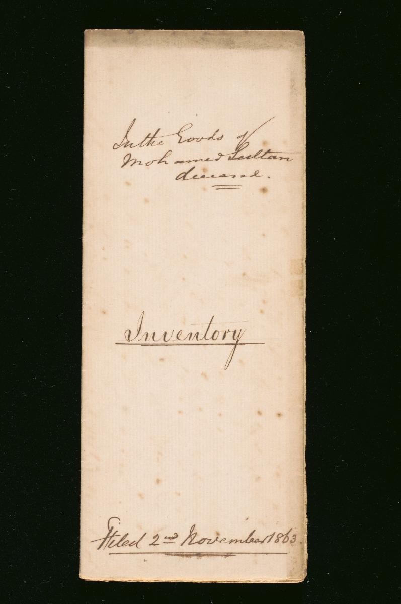 Cover page of an inventory of the goods of Mahomed Sultan
