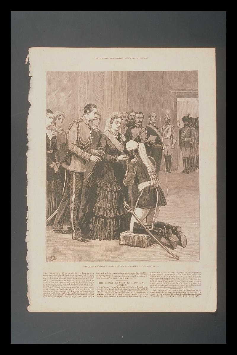 Print of the Queen decorating Indian officers and soldiers at Winsor Castle published in 'Illustrated London News'
