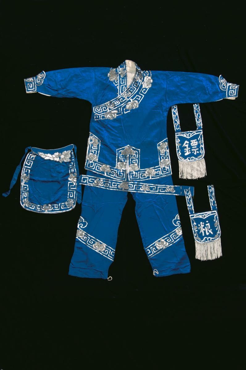 A set of blue costume with silver floral sequins worn by a ‘wu dan’ in a Chinese opera