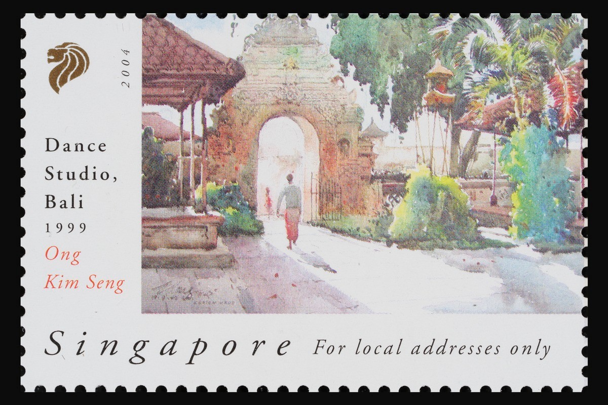 A stamp featuring 'Dance Studio, Bali, 1999' by Ong Kim Seng