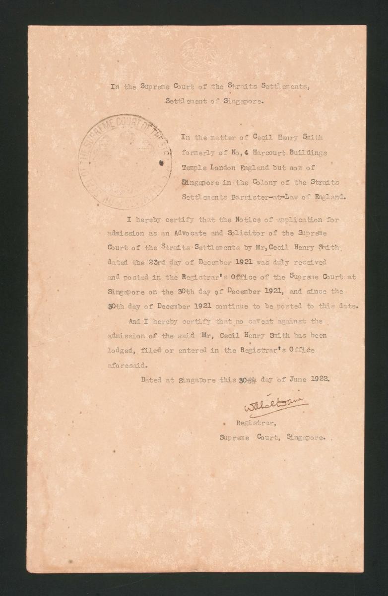Registrar's certificate of the Supreme Court, Singapore for Cecil Henry Smith