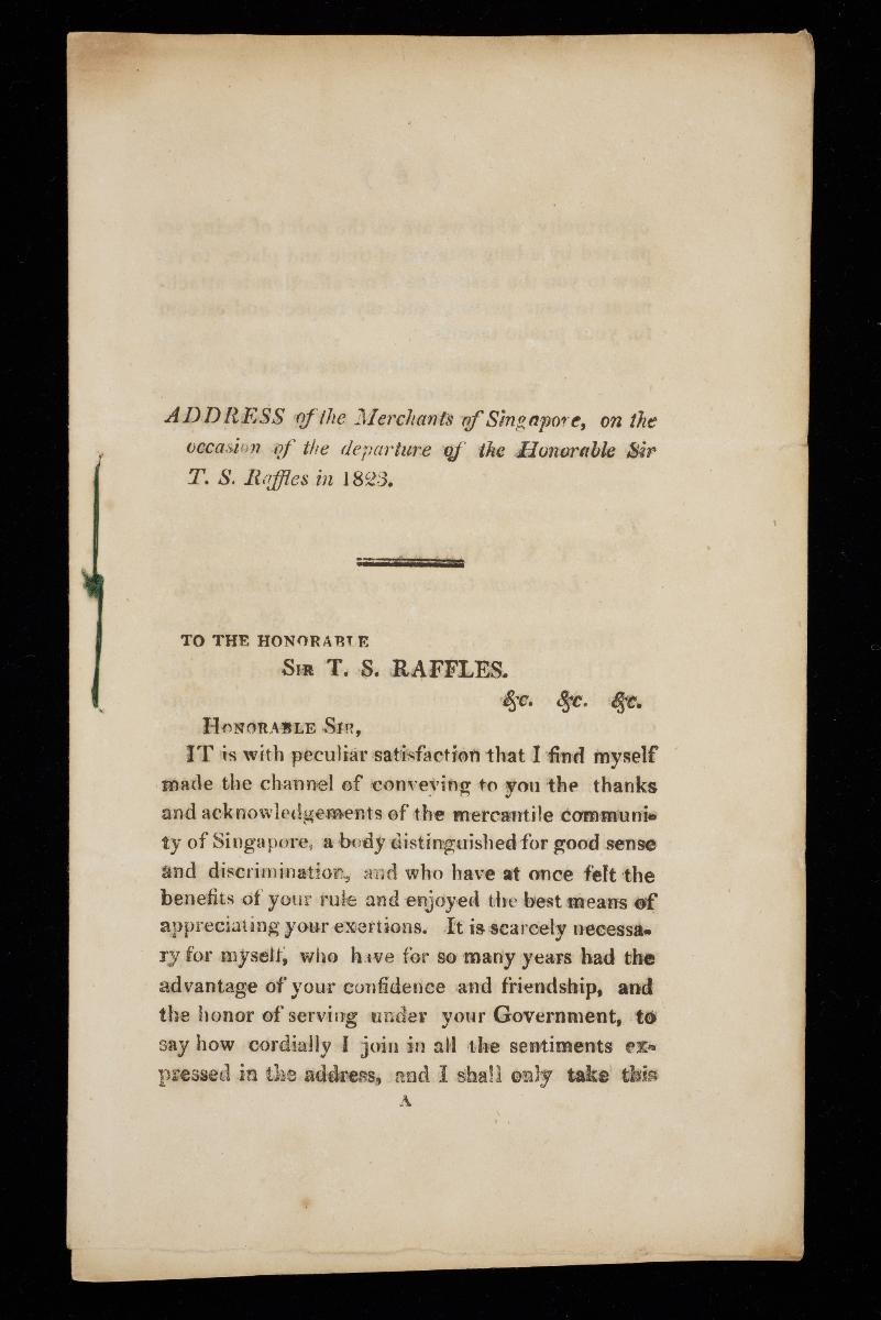 Address of the Merchants of Singapore, on the occasion of the departure of the Honorable Sir T. S. Raffles in 1823