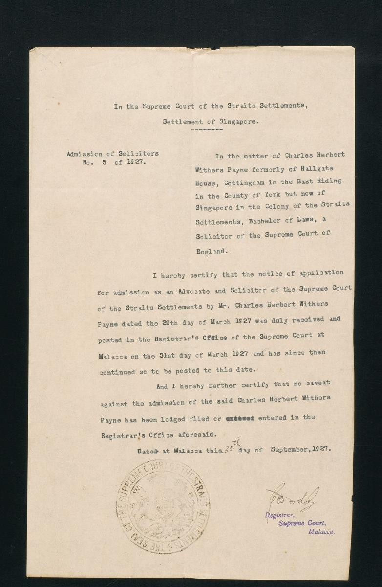 Registrar's certificate of the Supreme Court, Malacca for Charles Herbert Withers Payne