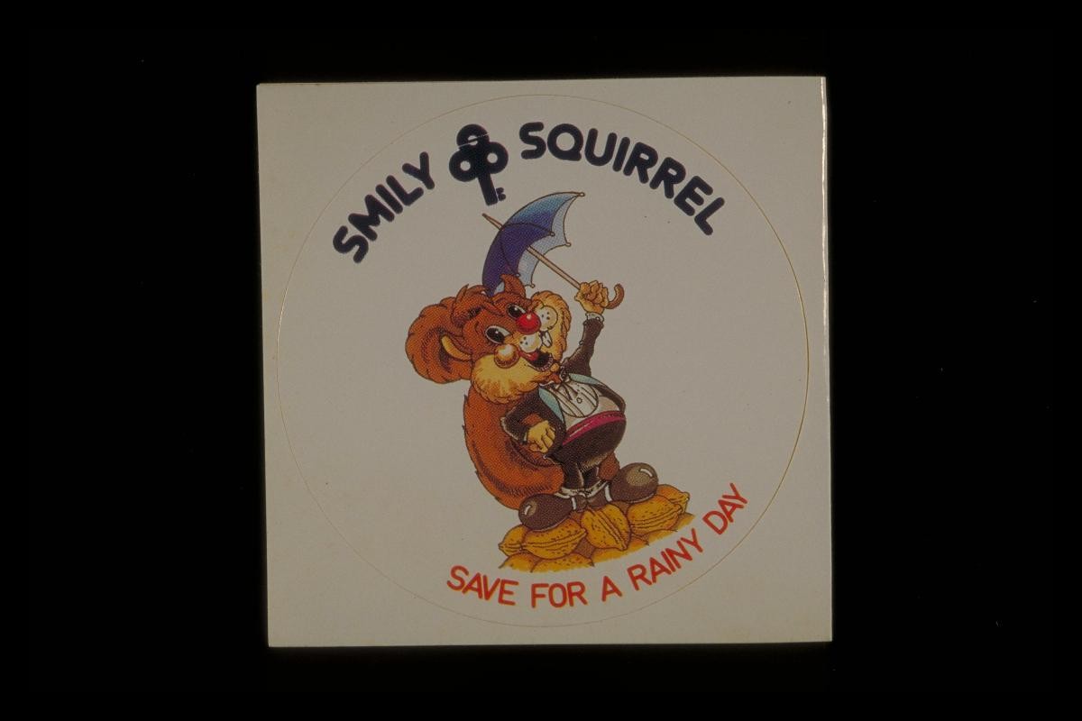 ‘Smiley Squirrel’ sticker with slogan, ‘Save for a rainy day’