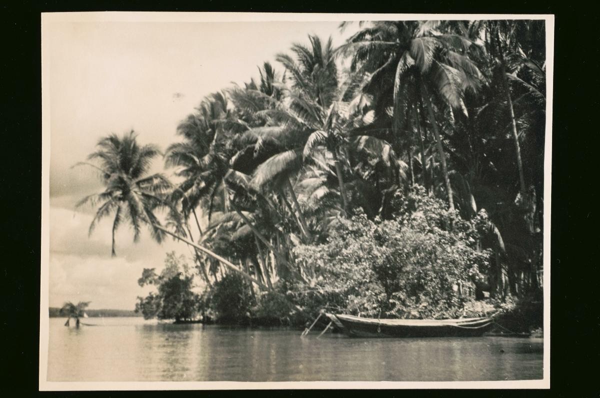 A ‘twakow’ lighter vessel moored along a shoreline filled with coconut trees