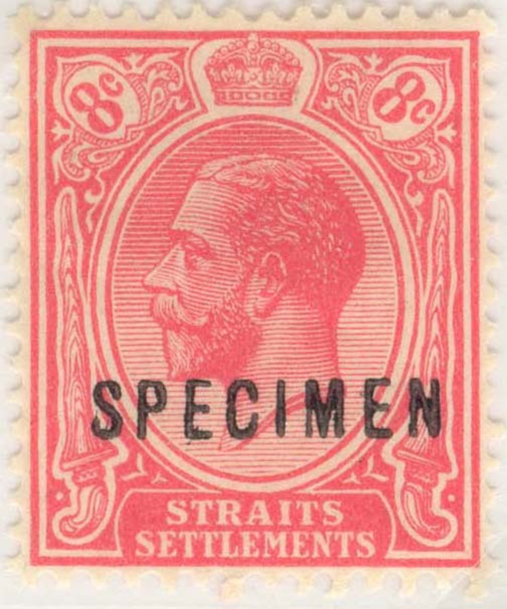 King George V 8-cent carmine specimen stamp, prepared but not issued.