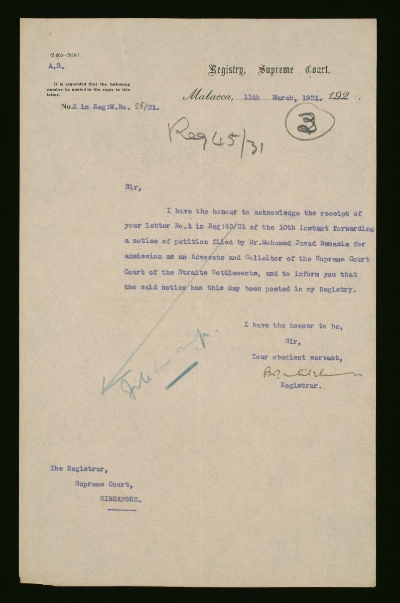 Letter from the Registrar of the Supreme Court, Malacca to the Registrar of the Supreme Court, Singapore