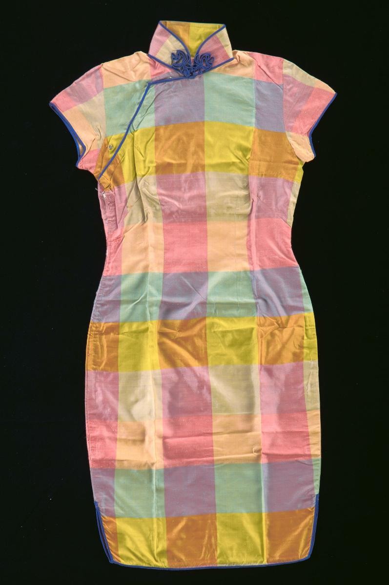 A multi-coloured chequered cheongsam