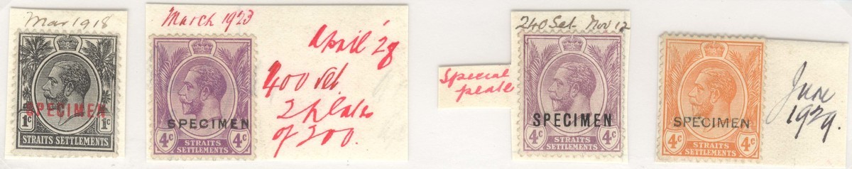 King George V issues specimens from the De La Rue archives. 1-cent and 4-cent.