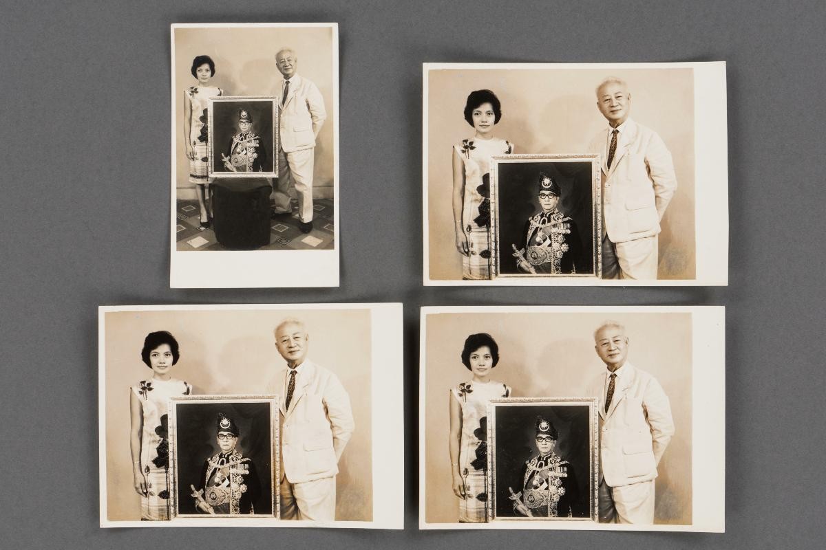 Four photographs of Low Kway Song and his daughter with portrait of Sultan Ismail Nasiruddin Shah