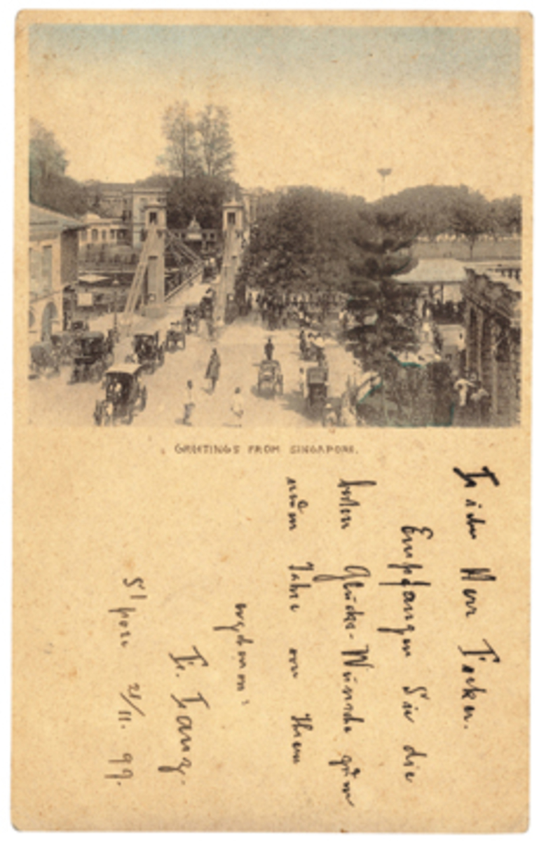 c1890 Greetings from S'pore Cavenagh Bridge Postcard