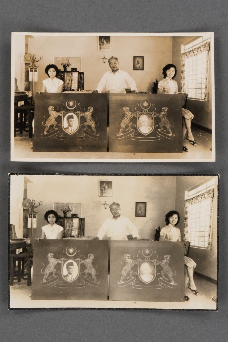 Two photographs of Low Kway Song and his daughters posing with two paintings