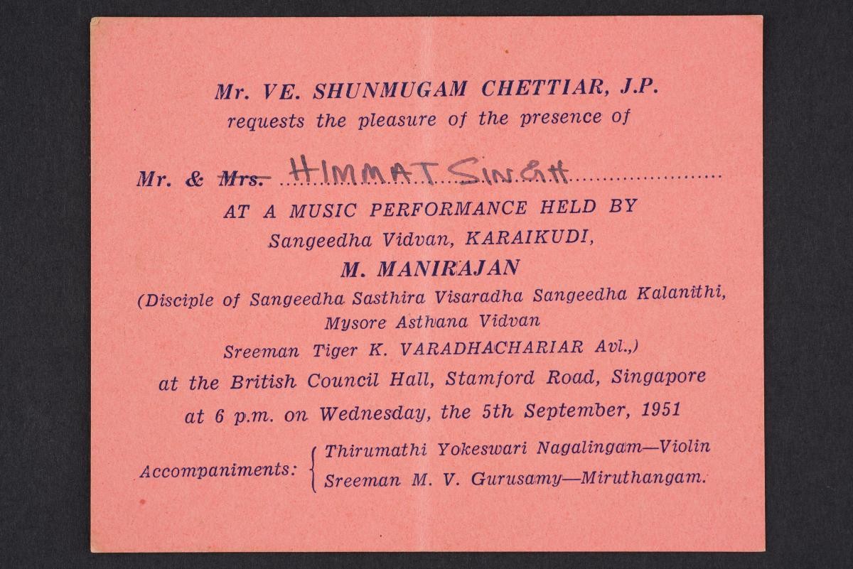 Invitation issued to Himmat Singh for a music performance at British Council Hall, Singapore
