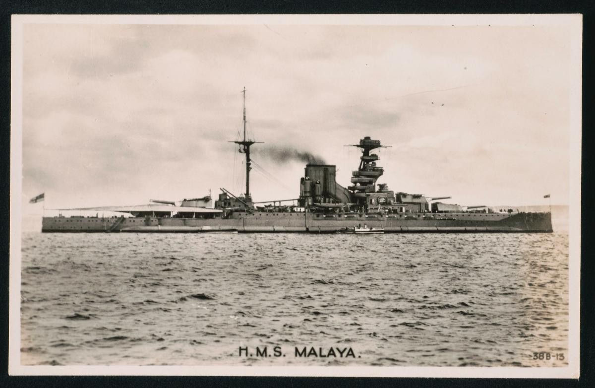 Postcard showing H.M.S. ‘Malaya’