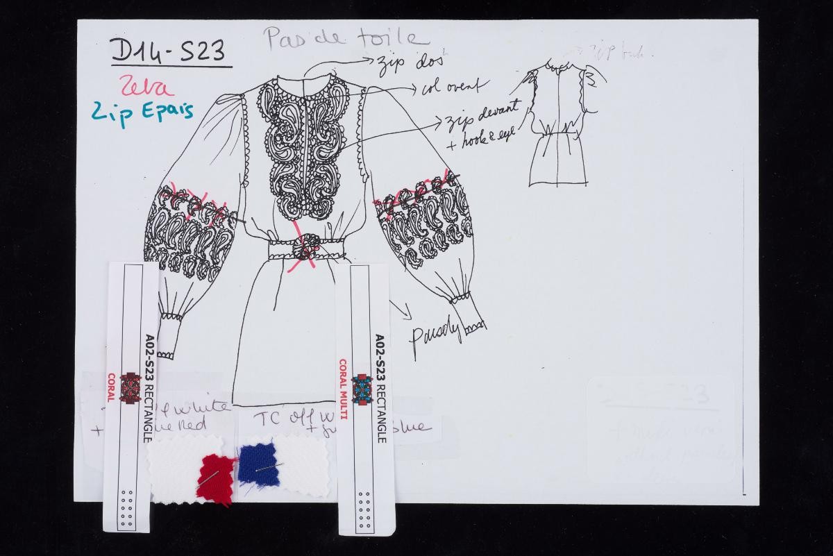 Sketches with fabric swatches from Andrew Gn Spring/Summer 2023 collection