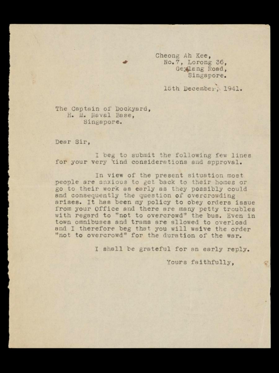 Letter from Naval Base bus service operator to the Captain of Dockyard