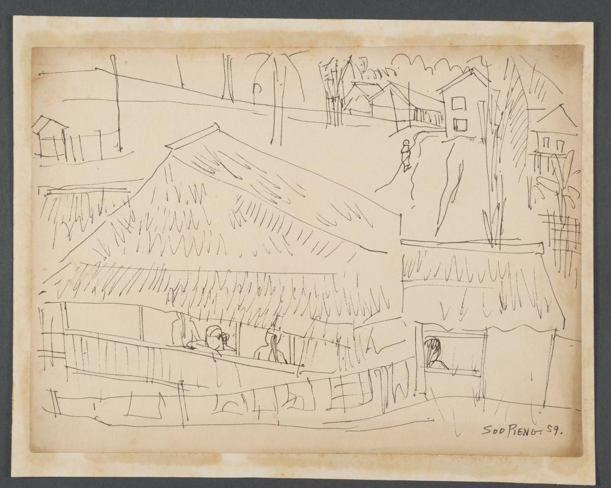 Untitled (People Under Straw Roof, Lone Person on Road)