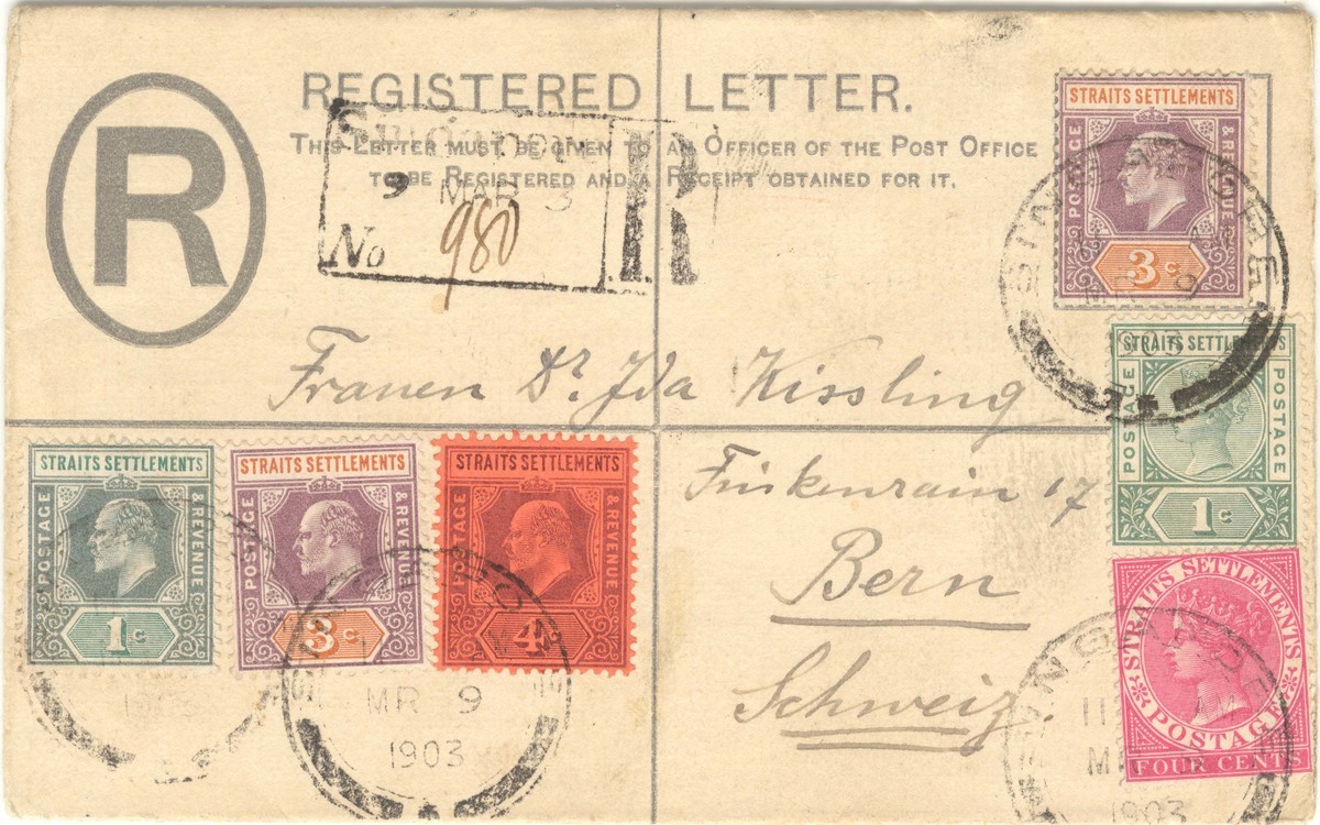 Registered letter showing combination of Queen Victoria 1-cent and 4-cent and King Edward VII 1-cent, two 3-cent, and 4-cent.