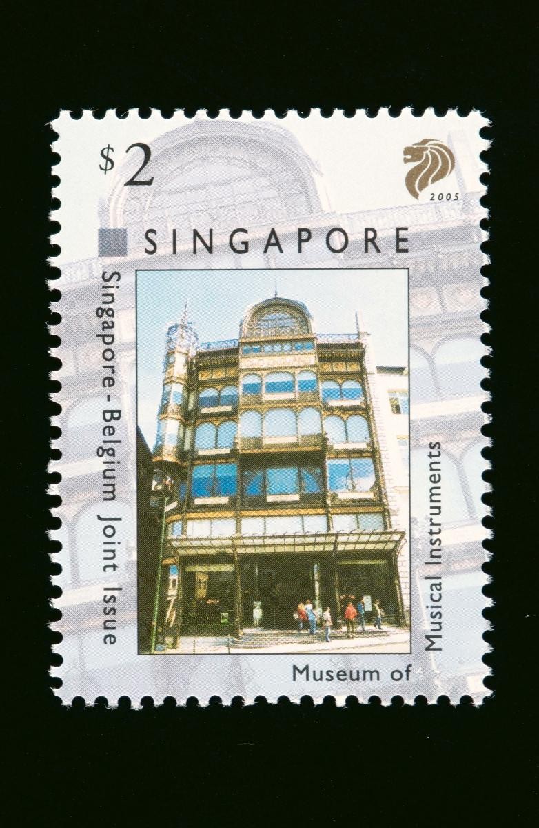 A stamp featuring the Museum of Musical Instruments in Belgium