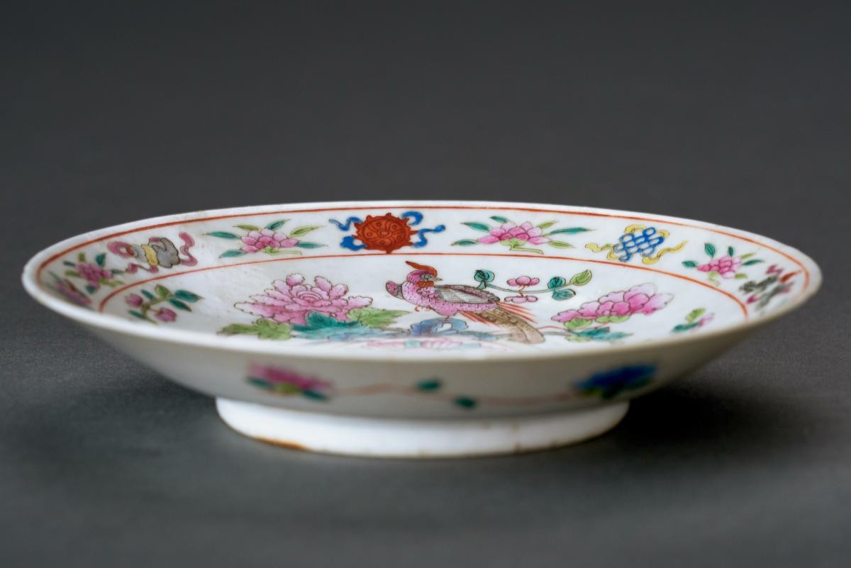 White ground dish with enameled pheasants