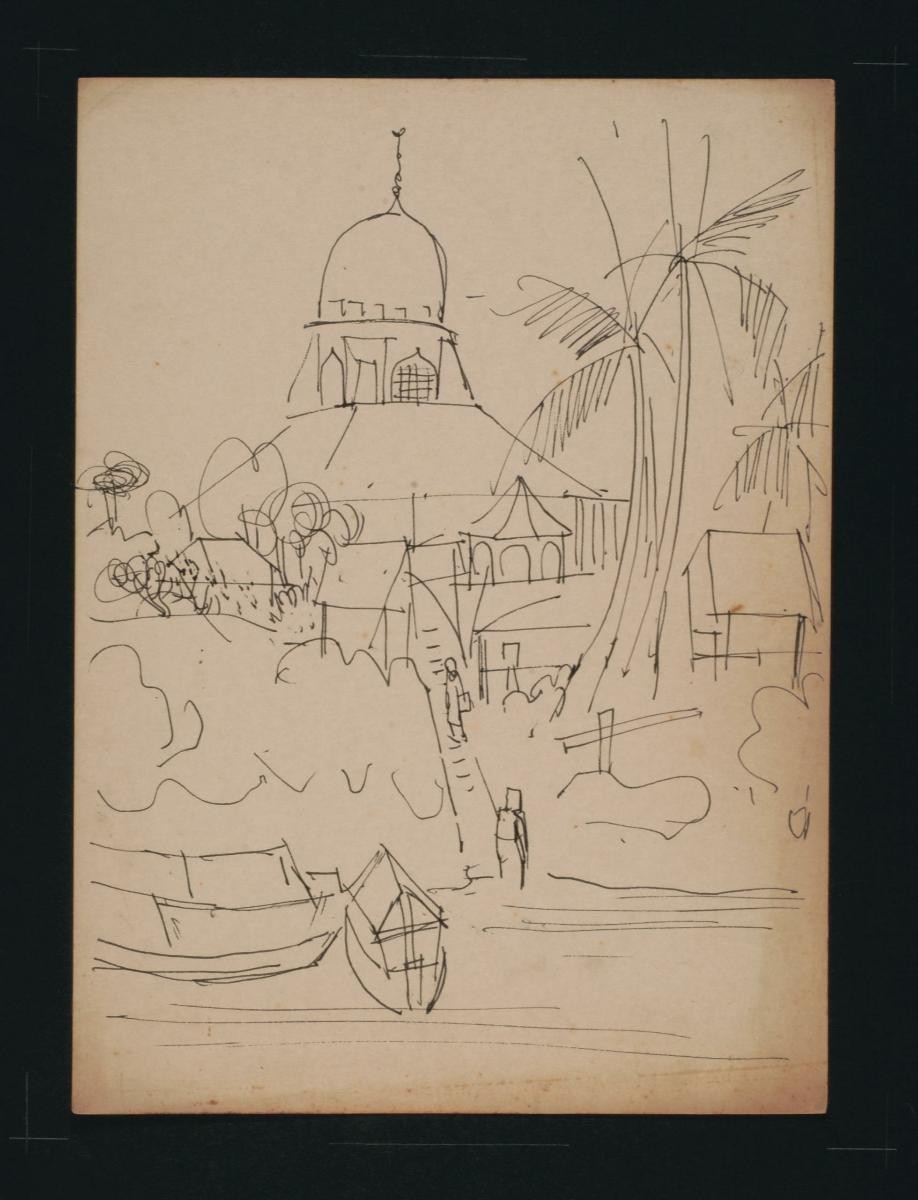 Untitled (Two Boats, Two People on Shore, Symbolic Building)