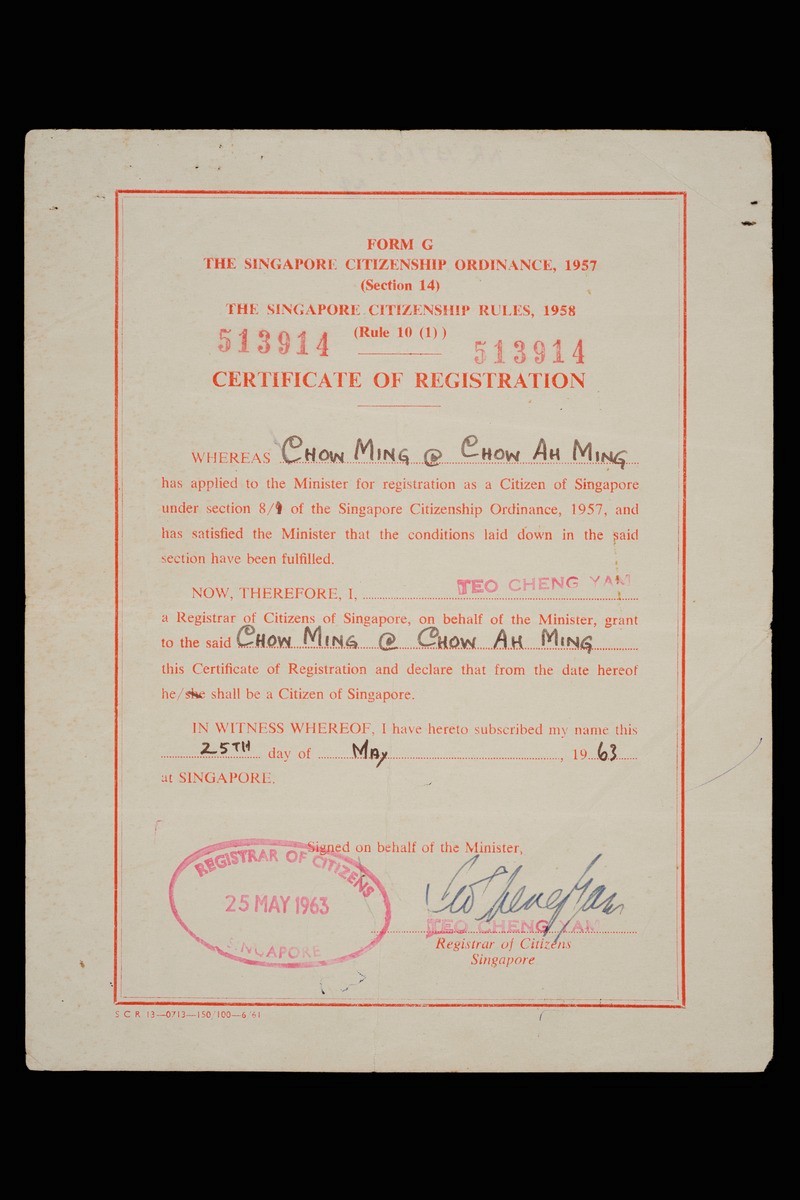 Certificate of Registration for Citizenship belonging to Chow Ah Ming