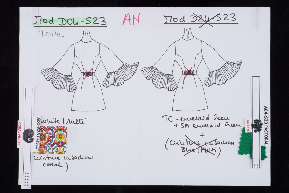 Sketches with fabric swatches from Andrew Gn Spring/Summer 2023 collection