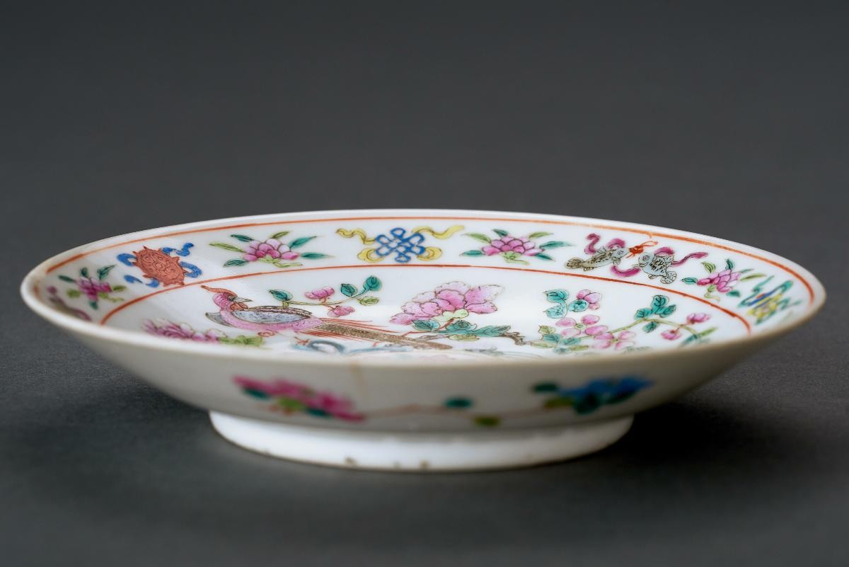 White ground dish with enameled pheasants