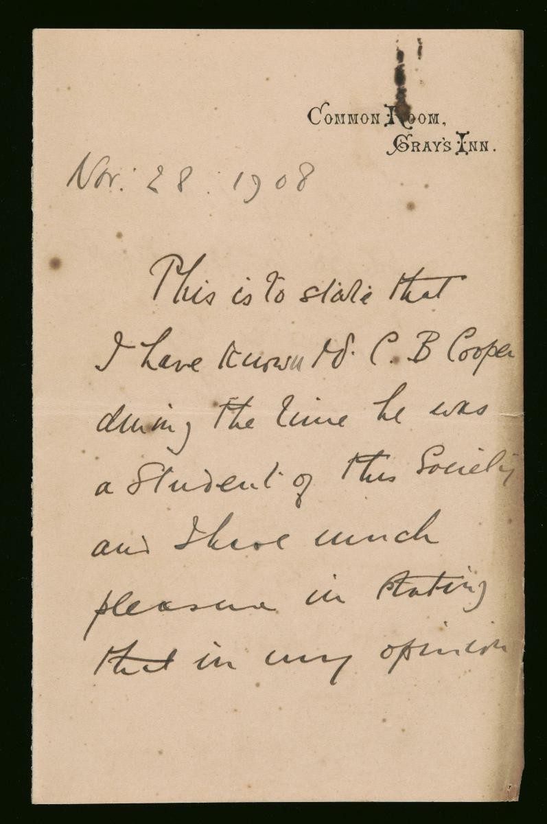 Testimonial for Cyril Blair Cooper