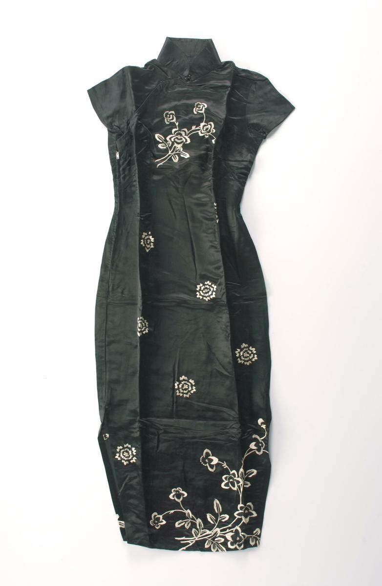 Black satin cheongsam with embroidered flowers