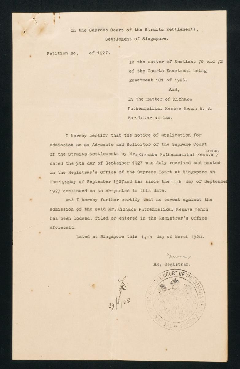 Registrar’s certificate of the Supreme Court, Singapore for Kizhaka Puthemmalikal Kesava Menon