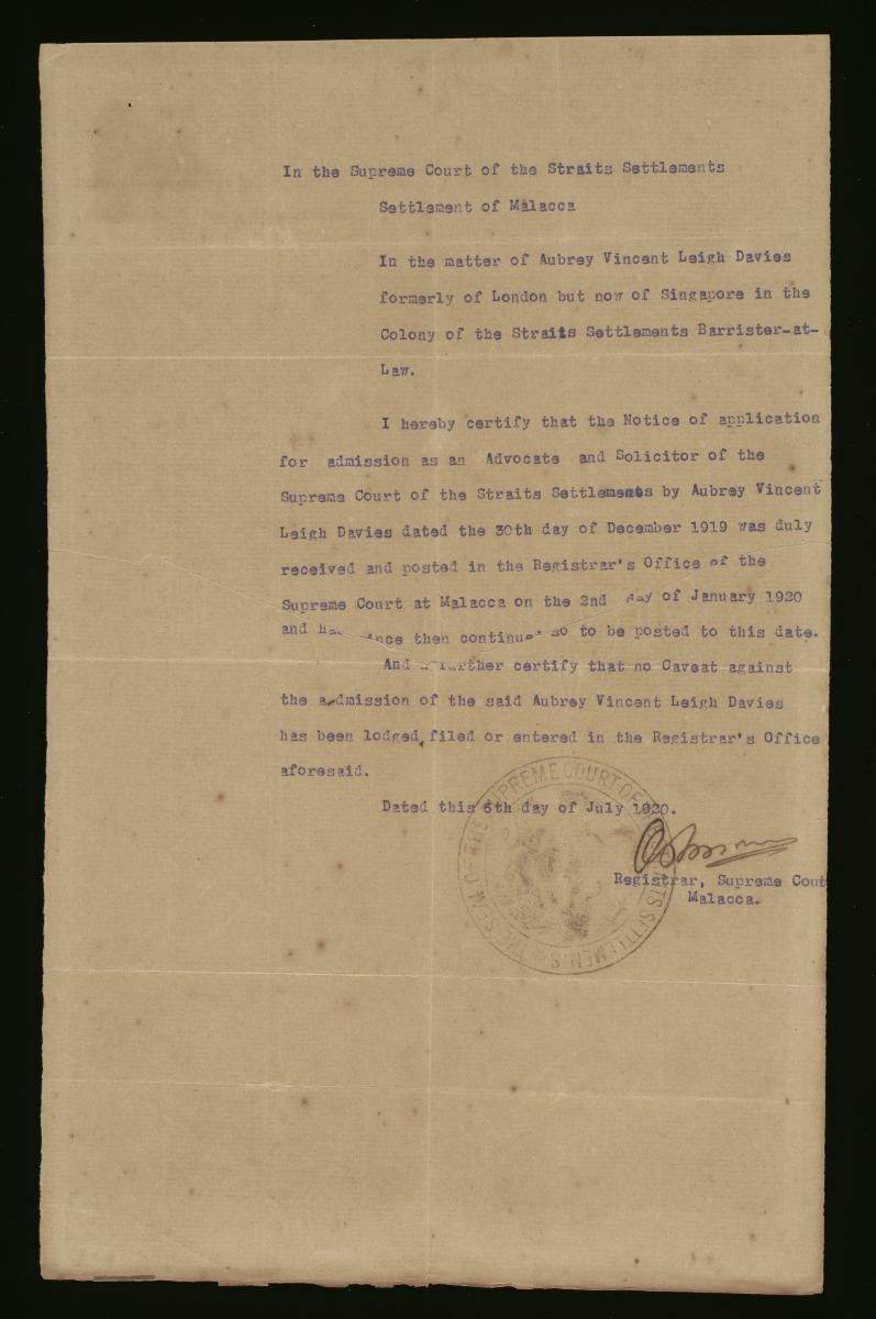 Registrar's certificate of the Supreme Court, Malacca for Aubrey Vincent Leigh Davies