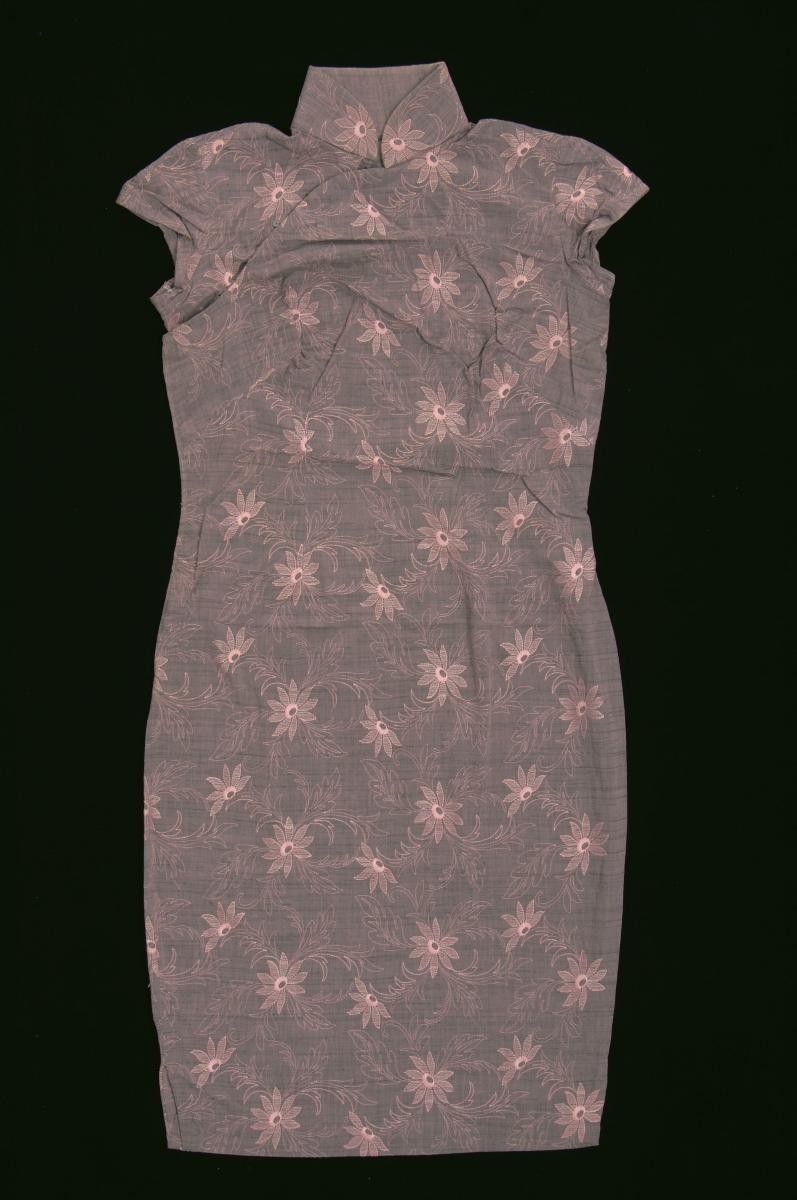 A brown cheongsam with light pink floral embroidery