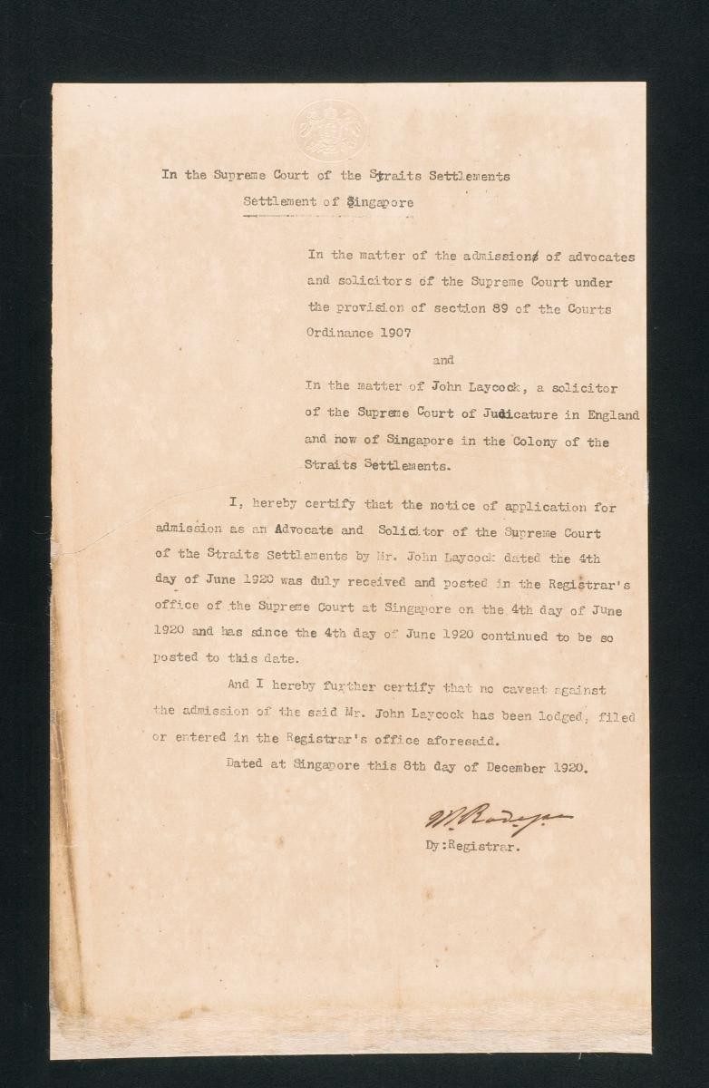 Registrar's certificate of the Supreme Court, Singapore for John Laycock