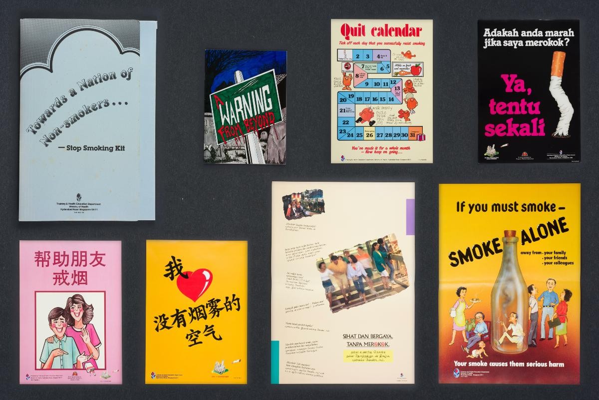 A set of 6 anti-smoking posters and 1 pamphlet titled "A warning from beyond"
