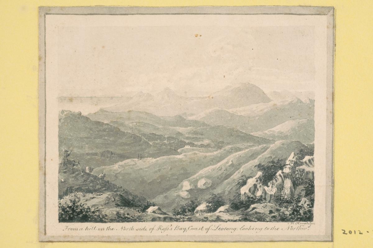 Drawing from the Houghton Album titled 'From a hill on the North Side of Ross’s Bay Coast of Leotong looking to the Northwd'