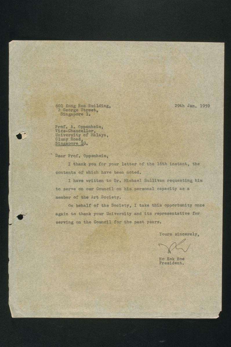 Letter from Ho Kok Hoe, President of the Singapore Art Society, to Professor A. Oppenheim, Vice-Chancellor of the University of Malaya