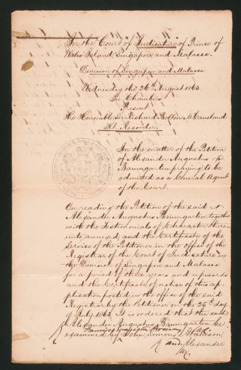 Order of the Court of Judicature concerning the admission of Alexander Augustus Baumgarten