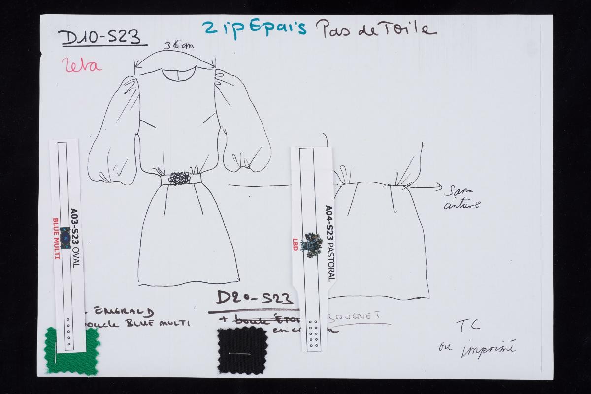 Sketches with fabric swatches from Andrew Gn Spring/Summer 2023 collection