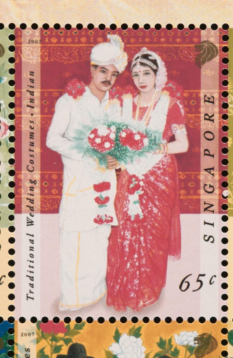 Stamp featuring traditional Indian wedding costumes