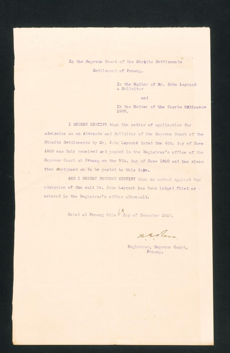 Registrar's certificate of the Supreme Court, Penang for John Laycock