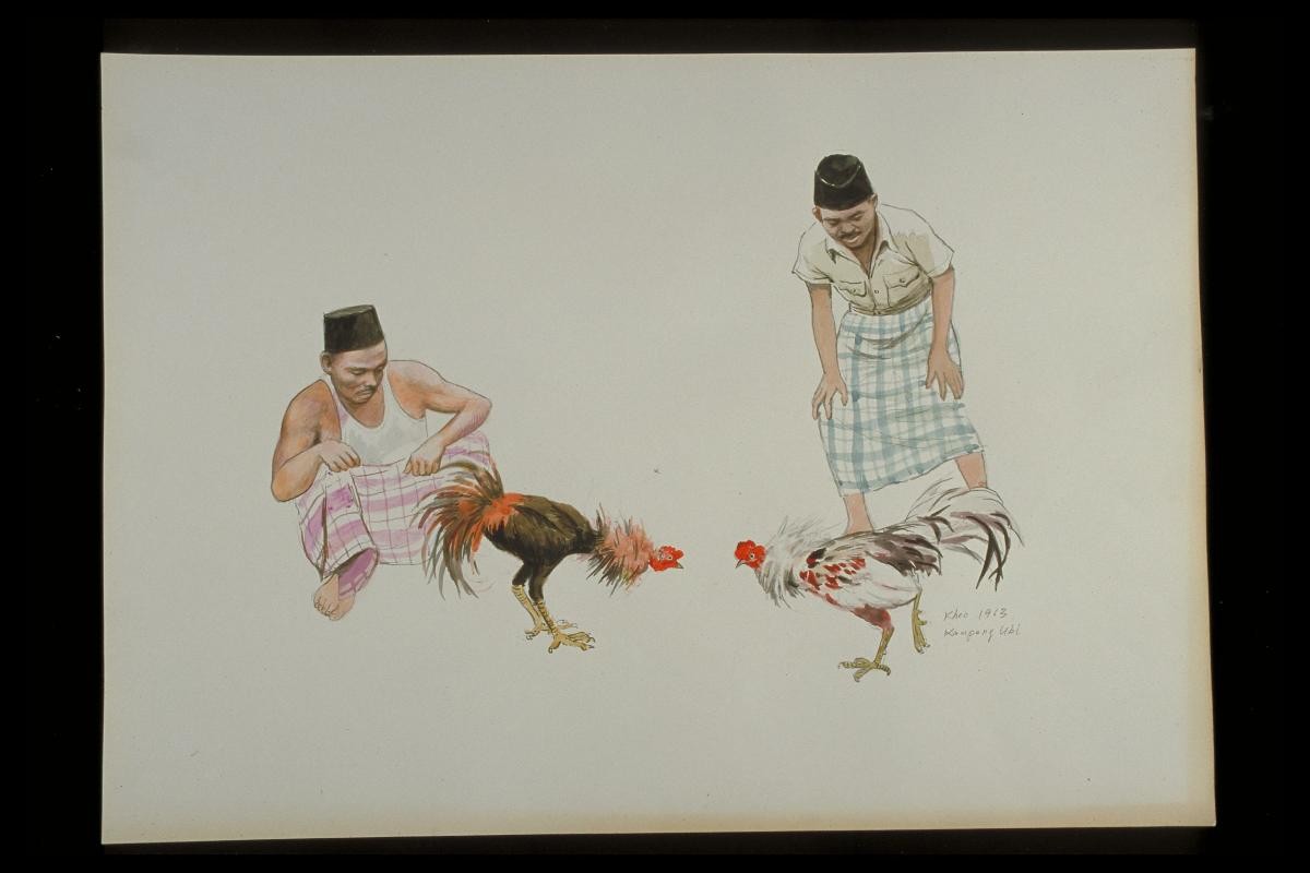 Water-colour painting entitled 'Malay cockfighting’