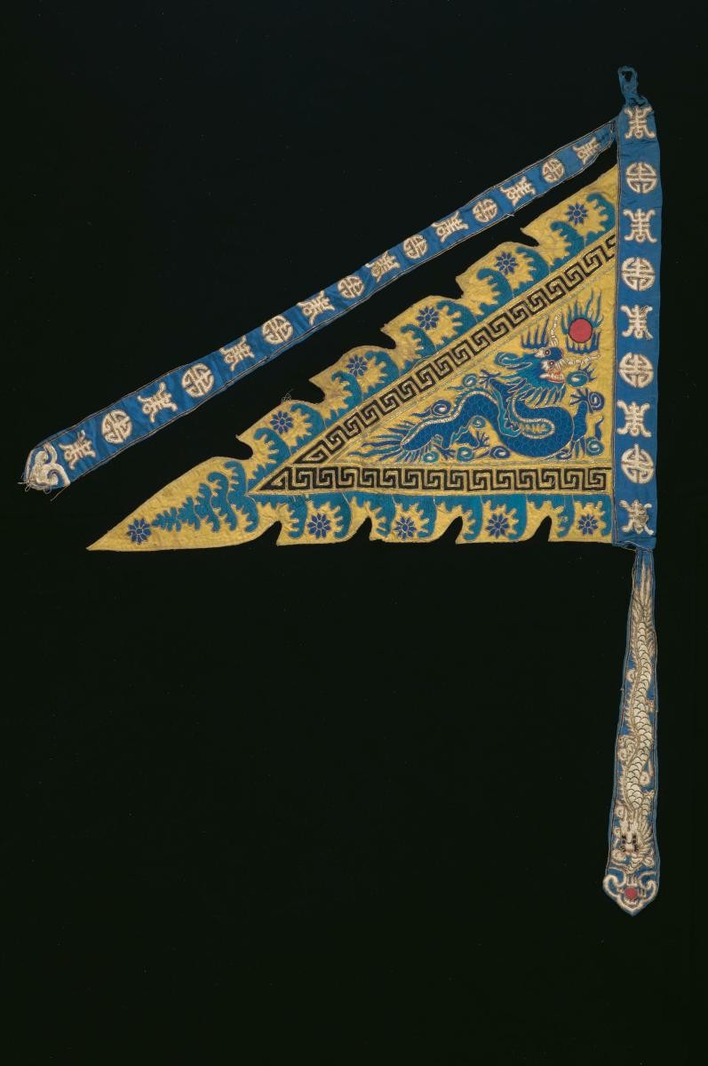 A yellow embroidered triangular pennant worn by a ‘wu sheng’ in a Chinese opera